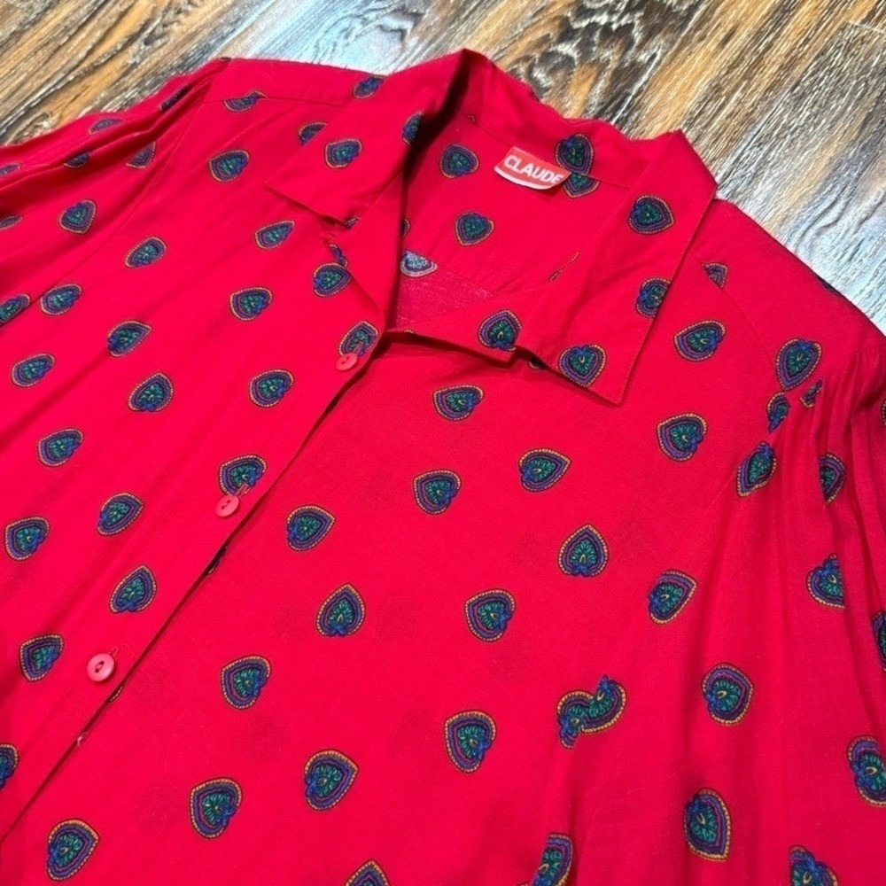 Vintage Claude Red Heart Paisley Button Up Blouse Long Sleeve Retro Top S‎ / M